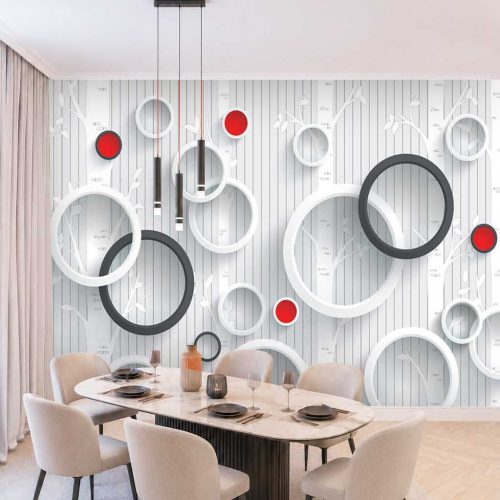 3D Geometrik Halkalı ve Kırmızı Detaylı Modern Duvar Kağıdı - Ferah ve Estetik Yemek Odası Posteri