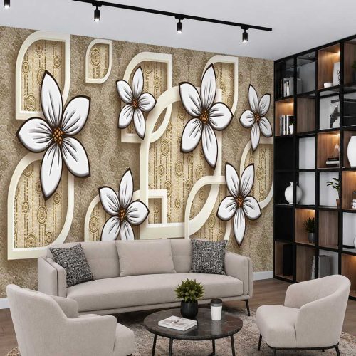 3D Çiçek ve Geometrik Kare Desenli Modern Duvar Kağıdı - Ferah ve Estetik Salon Posteri