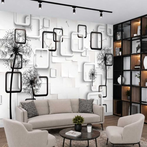 3D Karahindiba ve Geometrik Çerçeveli Modern Duvar Kağıdı - Ferah ve Estetik Salon Posteri