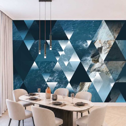 3D Geometrik Deniz ve Kaya Manzaralı Modern Duvar Kağıdı - Derin ve Estetik Yemek Odası Posteri