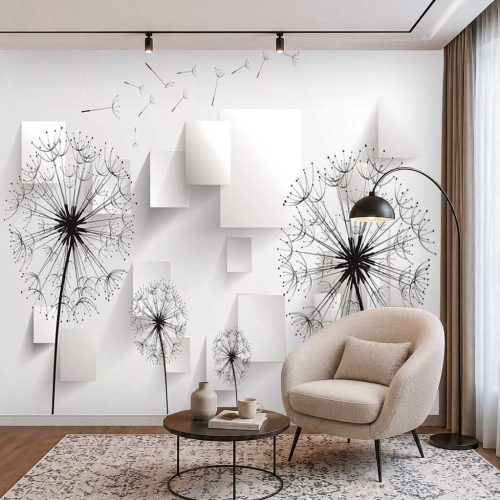 3D Karahindiba ve Kare Bloklu Modern Duvar Kağıdı - Ferah ve Estetik Salon Posteri