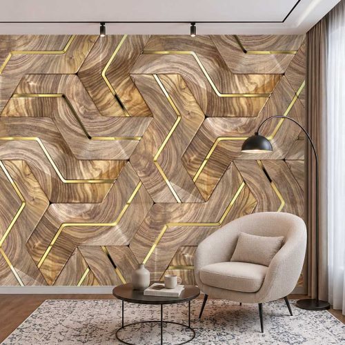 3D Ahşap Dokulu Geometrik Zikzak Desenli Modern Duvar Kağıdı - Lüks ve Estetik Salon Posteri
