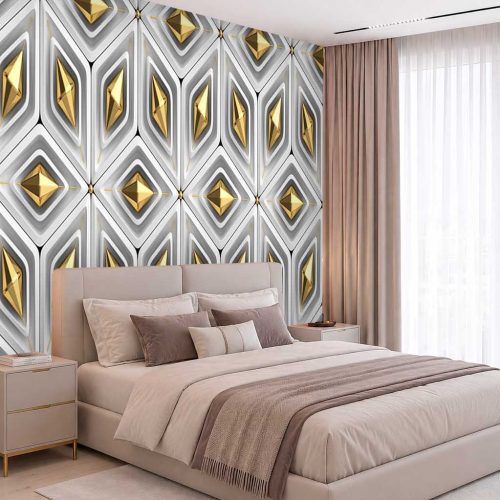 3D Elmas Formlu ve Altın Detaylı Modern Duvar Kağıdı - Lüks ve Estetik Yatak Odası Posteri