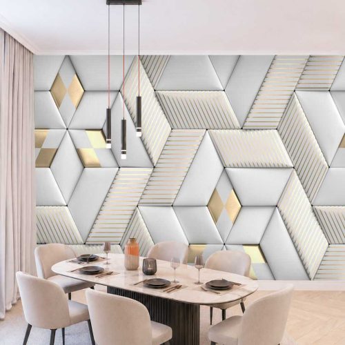 3D Geometrik Elmas Formlu ve Altın Çizgili Modern Duvar Kağıdı - Lüks ve Estetik Yemek Odası Posteri
