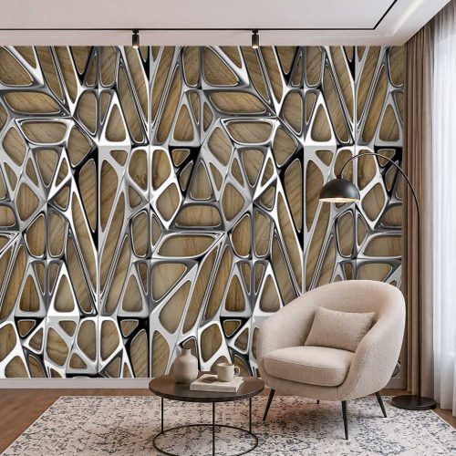3D Metalik Dokulu Geometrik Kafes Desenli Modern Duvar Kağıdı - Lüks ve Estetik Salon Posteri