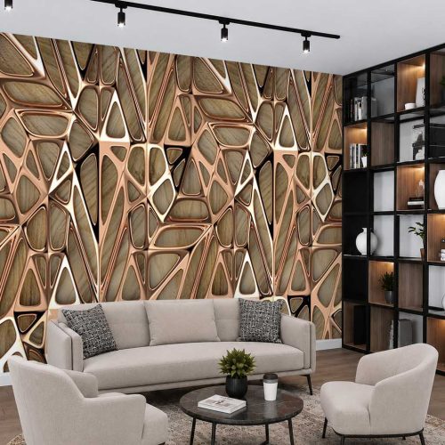 3D Bakır Kafes ve Ahşap Dokulu Modern Duvar Kağıdı - Lüks ve Estetik Salon Posteri