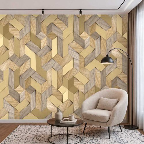 3D Ahşap ve Altın Dokulu Geometrik Blok Modern Duvar Kağıdı - Lüks ve Estetik Salon Posteri