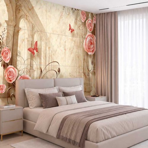 Çiçek Desenli Duvar Kağıdı - Romantik Gül ve Kelebek Tasarımı