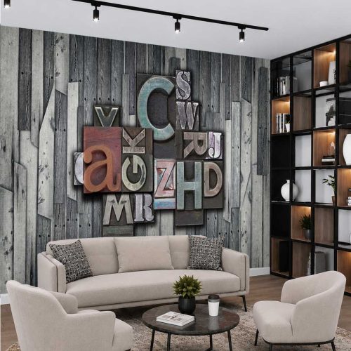 3D Kabartma Harfler ve Ahşap Panel Temalı Modern Duvar Kağıdı - Lüks ve Estetik Salon Posteri