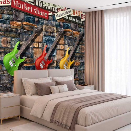 3D Renkli Gitarlar ve Taş Duvar Temalı Modern Duvar Kağıdı - Lüks ve Estetik Yatak Odası Posteri