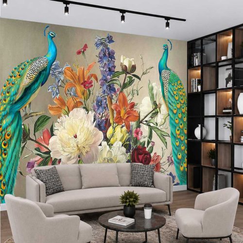 3D İhtişamlı Tavus Kuşları ve Çiçek Bahçesi Temalı Modern Duvar Kağıdı - Lüks ve Estetik Salon Posteri