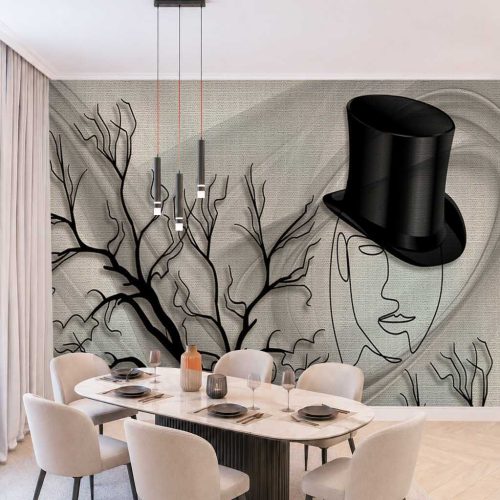 3D Minimalist Yüz Çizimi, Silindir Şapka ve Ağaç Dalı Temalı Modern Duvar Kağıdı - Lüks ve Estetik Salon Posteri
