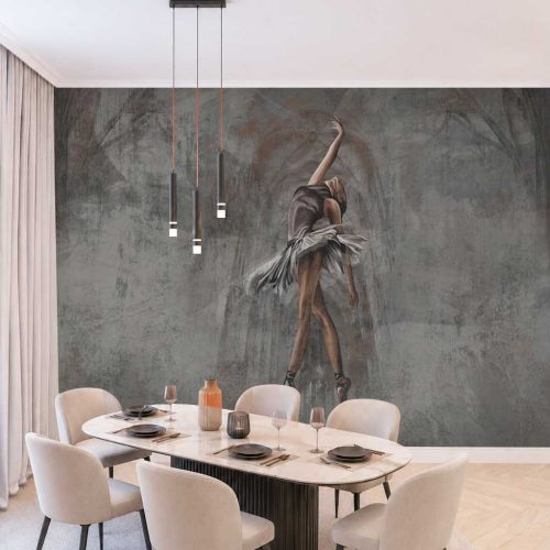 3D Balerin ve Soyut Sanatsal Gri Dokulu Modern Duvar Kağıdı - Lüks ve Estetik Salon Posteri