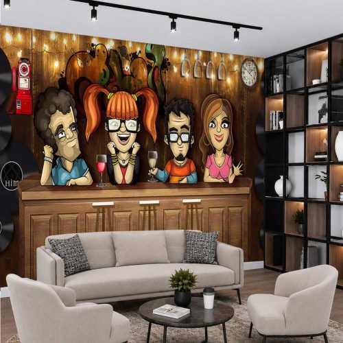 3D Eğlenceli Karakterler ve Bar Temalı Modern Duvar Kağıdı - Lüks ve Estetik Salon Posteri