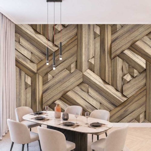 3D Ahşap Blok Desenli Modern Duvar Kağıdı - Doğal ve Estetik Yemek Odası Posteri