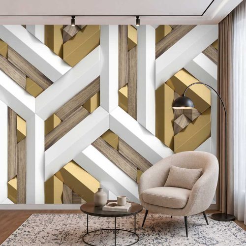 3D Ahşap ve Altın Detaylı Geometrik Modern Duvar Kağıdı - Lüks ve Estetik Salon Posteri