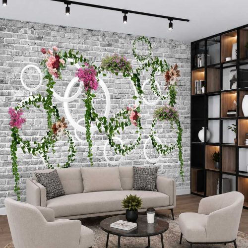 Gri Tuğla Duvar ve Çiçekli Modern Geometrik Duvar Kağıdı - Lüks ve Estetik Salon Posteri