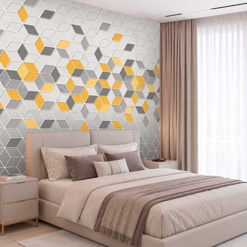 3D Sarı ve Gri Geometrik Küp Desenli Modern Duvar Kağıdı - Lüks ve Estetik Yatak Odası Posteri