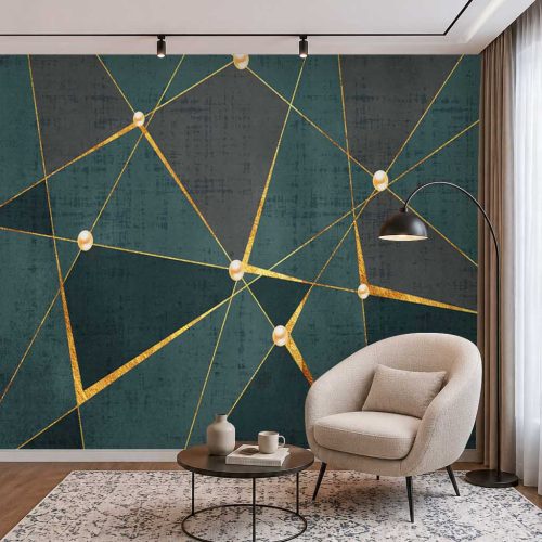 Altın Çizgili ve Geometrik Desenli Modern Duvar Kağıdı - Lüks ve Estetik Salon Posteri