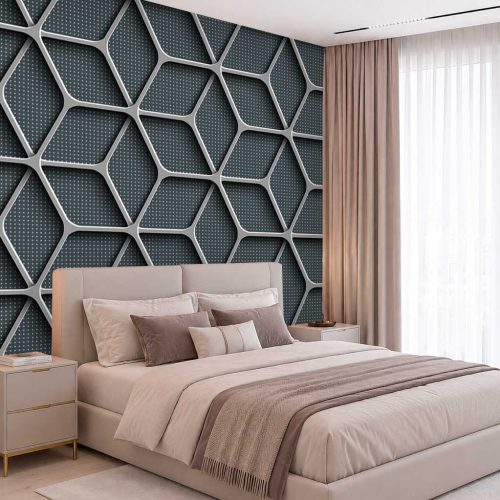 3D Metalik Izgara Desenli Modern Duvar Kağıdı - Minimalist ve Endüstriyel Yatak Odası Posteri