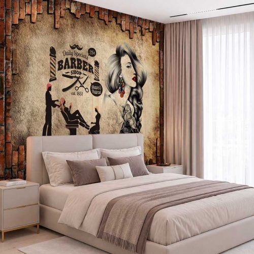Modern Dekoratif Duvar Kağıdı - Vintage Berber Dükkanı Temalı Tasarım