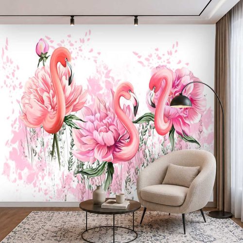 Pembe Flamingo Duvar Kağıdı - Zarif Çiçek Desenli