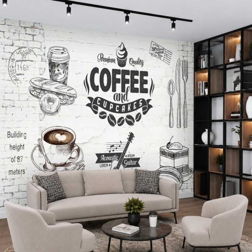 "Coffee and Cupcakes" Tasarımlı Tuğla Görünümlü Duvar Kağıdı