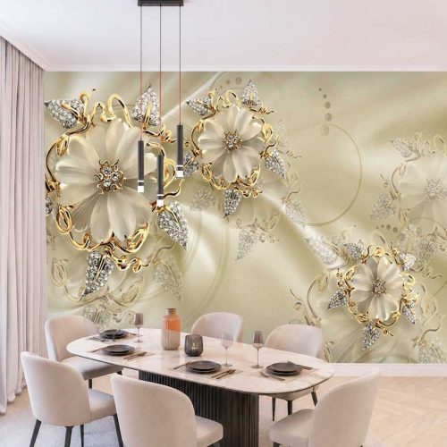 Işıltılı Çiçek ve Altın Detaylı Modern Duvar Kağıdı