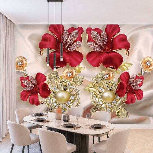 Bordo Çiçekli ve Altın İnci Detaylı Modern Duvar Kağıdı