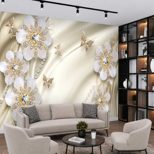 Işıltılı Kristal Çiçek ve Kelebek Detaylı Modern Duvar Kağıdı