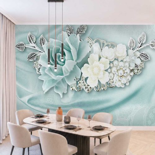 Su Yeşili Çiçekli ve İnci Detaylı Modern Duvar Kağıdı
