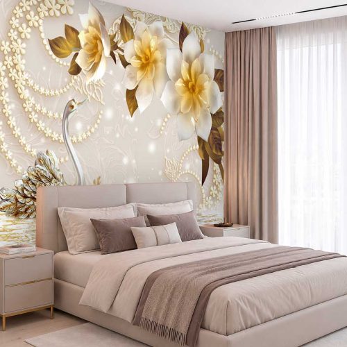 Kuğu ve Çiçekli İnci Zincir Detaylı Modern Duvar Kağıdı