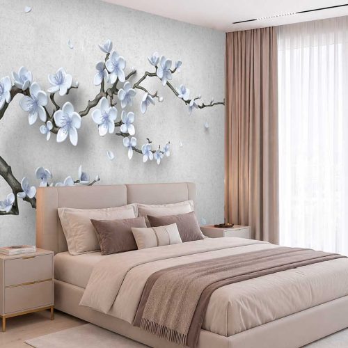 Mavi Çiçekli Bahar Dalı Modern Duvar Kağıdı