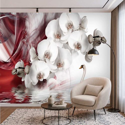 Orkide ve Kuğu Duvar Kağıdı - Modern 3D Sanatsal Tasarım
