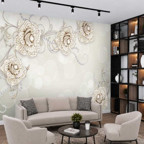 Işıltılı Mücevher Detaylı Çiçek Temalı Modern Duvar Kağıdı