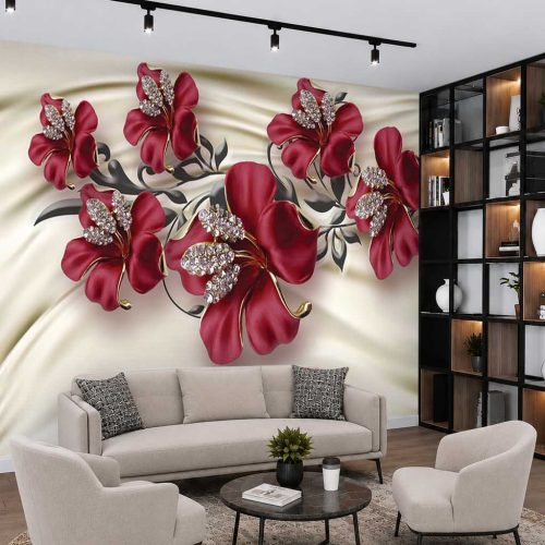 Bordo Çiçekli ve Kristal Detaylı Modern Duvar Kağıdı