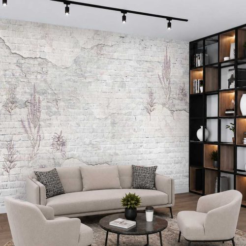 Bitki Desenli Beyaz Tuğla Dokulu Modern Duvar Kağıdı
