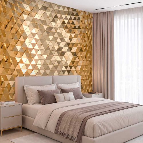 Üç Boyutlu Görünümlü Altın Geometrik Modern Duvar Kağıdı