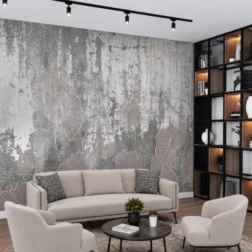 Eskitme Beton Dokulu Çiçek Desenli Modern Duvar Kağıdı