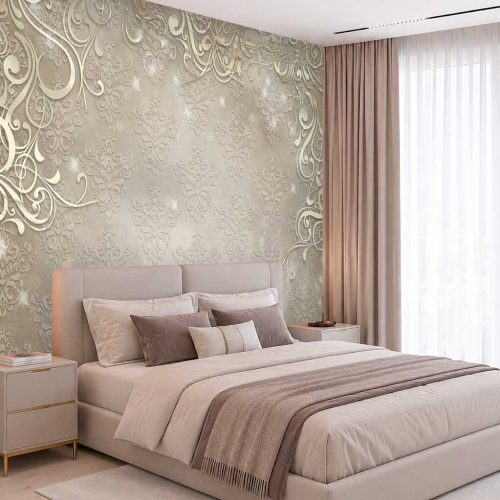 Altın Işıltılı Damask Desenli Modern Duvar Kağıdı