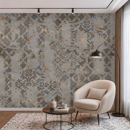 Eskitme Dokulu Damask Desenli Modern Duvar Kağıdı